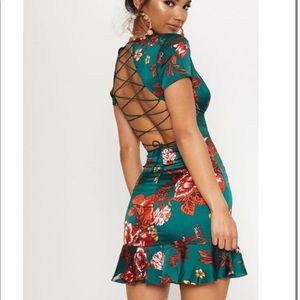 Emerald Green Criss Cross Back Frill Hem Shift Dress